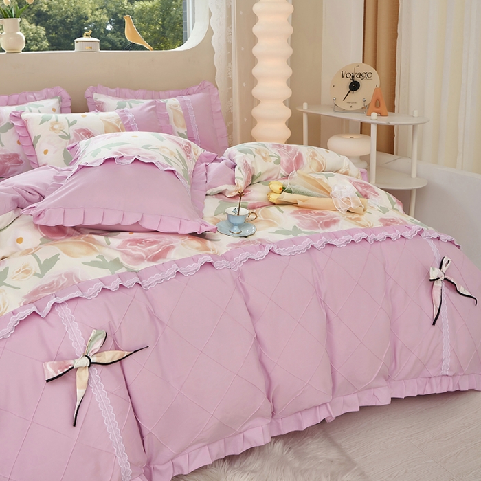 91家纺网 家纺一手货源 找家纺 靓生活 2023新款贡棉浪漫花边印花四件套 郁金花开-玫瑰粉