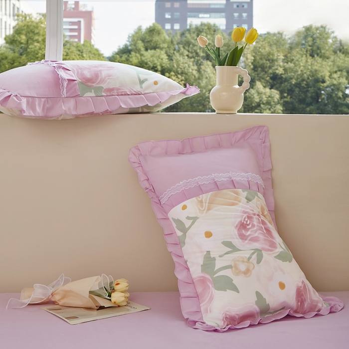 91家纺网 家纺一手货源 找家纺 靓生活 2023新款贡棉浪漫花边印花四件套 郁金花开-玫瑰粉