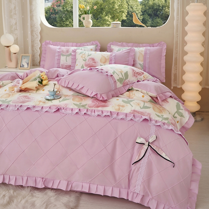 91家纺网 家纺一手货源 找家纺 靓生活 2023新款贡棉浪漫花边印花四件套 郁金花开-玫瑰粉