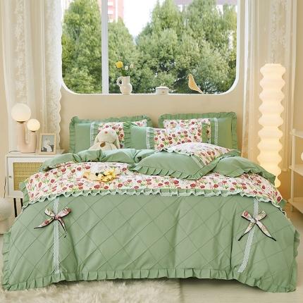 靓生活 2023新款贡棉浪漫花边印花四件套 郁金小兔-粉玉