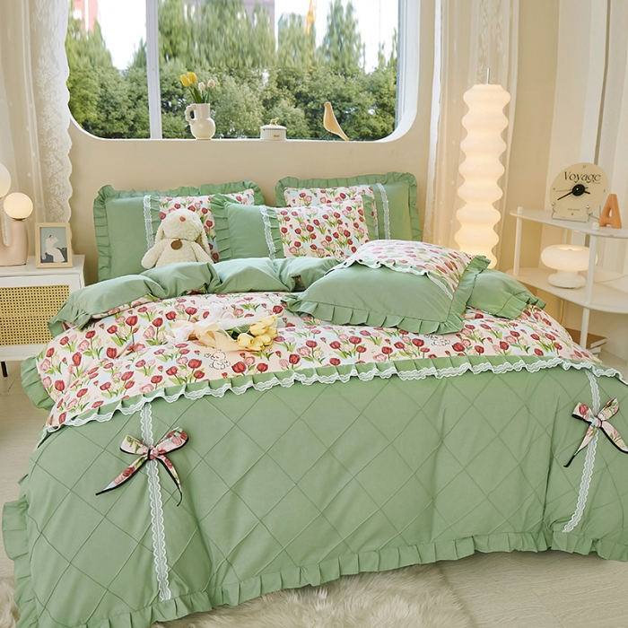 91家纺网 家纺一手货源 找家纺 靓生活 2023新款贡棉浪漫花边印花四件套 郁金小兔-粉玉