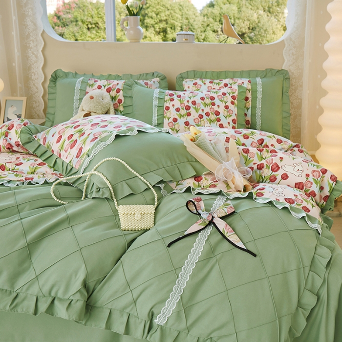 91家纺网 家纺一手货源 找家纺 靓生活 2023新款贡棉浪漫花边印花四件套 郁金小兔-粉玉