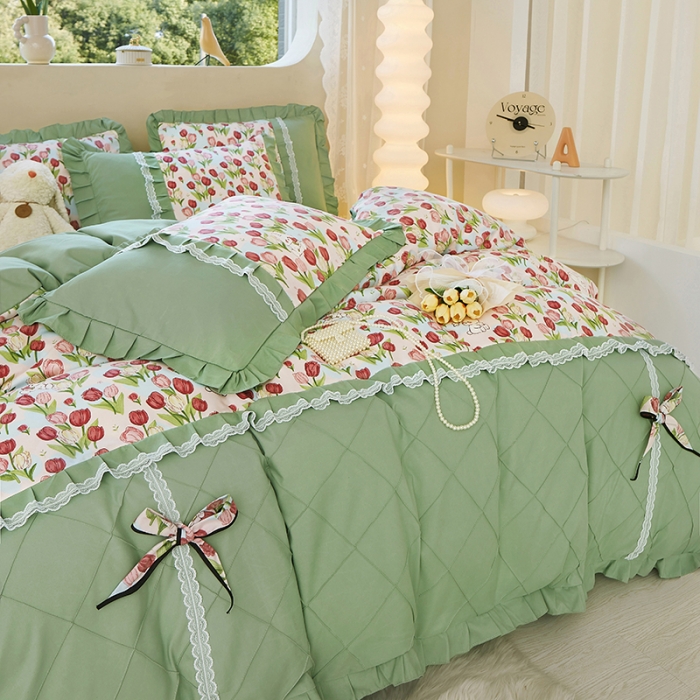 91家纺网 家纺一手货源 找家纺 靓生活 2023新款贡棉浪漫花边印花四件套 郁金小兔-粉玉