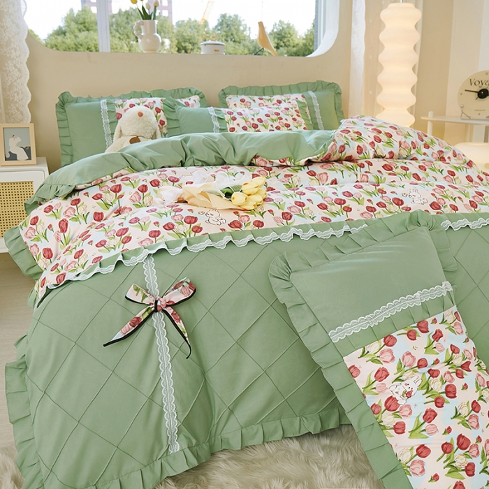 91家纺网 家纺一手货源 找家纺 靓生活 2023新款贡棉浪漫花边印花四件套 郁金小兔-粉玉