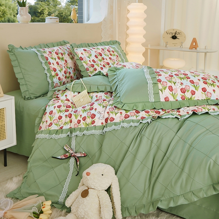 91家纺网 家纺一手货源 找家纺 靓生活 2023新款贡棉浪漫花边印花四件套 郁金小兔-粉玉