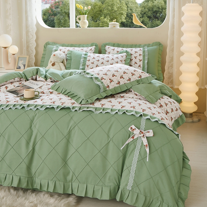 91家纺网 家纺一手货源 找家纺 靓生活 2023新款贡棉浪漫花边印花四件套 妆立春风-米