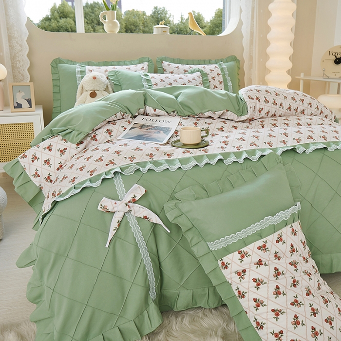 91家纺网 家纺一手货源 找家纺 靓生活 2023新款贡棉浪漫花边印花四件套 妆立春风-米