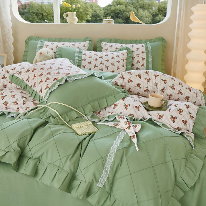 91家纺网 家纺一手货源 找家纺 靓生活 2023新款贡棉浪漫花边印花四件套 妆立春风-米