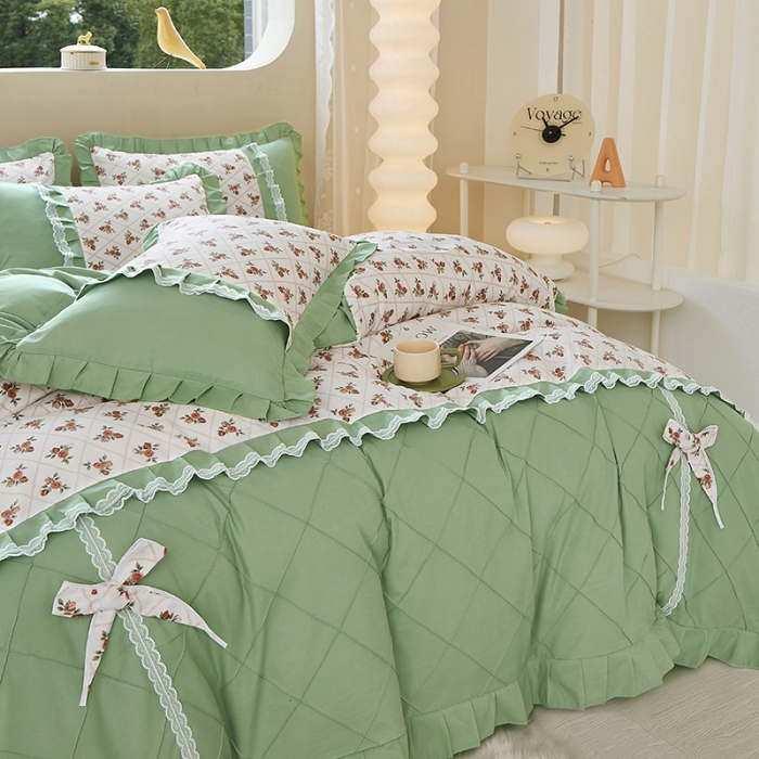 91家纺网 家纺一手货源 找家纺 靓生活 2023新款贡棉浪漫花边印花四件套 妆立春风-米