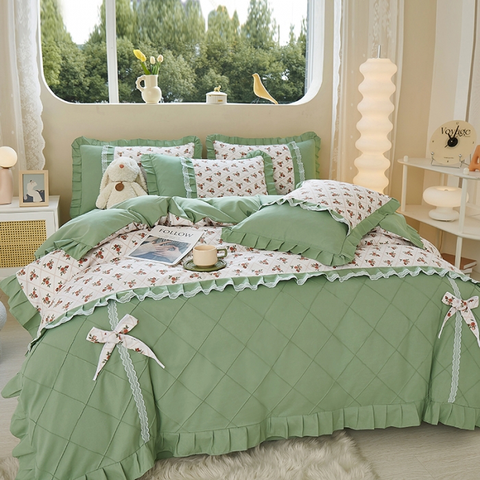 91家纺网 家纺一手货源 找家纺 靓生活 2023新款贡棉浪漫花边印花四件套 妆立春风-米