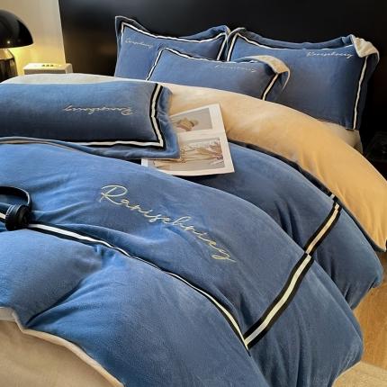 91家纺网 家纺一手货源 找家纺 麦空 2025新款高克重牛奶绒刺绣织带款四件套-彩虹系列 彩虹-宝石蓝