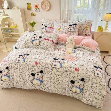 91家纺网 家纺一手货源 找家纺 丝羽坊 2023新款兔毛绒牛奶绒双版四件套 快乐萌宠