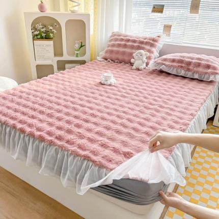 吉祥家纺 2023新款柔软兔毛绒雪纺花边床笠 纯色-豆沙粉