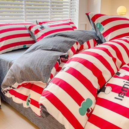 91家纺网 家纺一手货源 找家纺 金丝鸟 2023新款全棉可爱卡通印花小清新四件套-第一批 宽宽领结猫