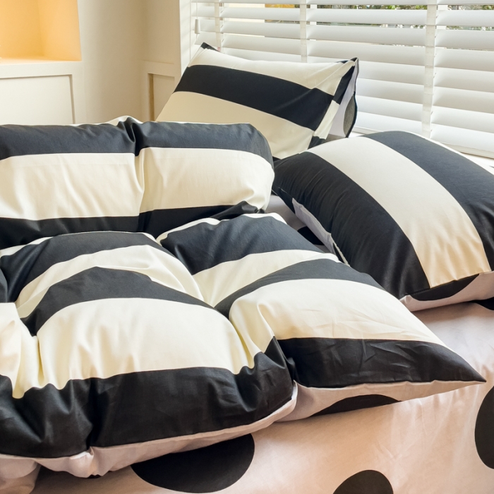 91家纺网 家纺一手货源 找家纺 金丝鸟 2023新款全棉可爱卡通印花小清新四件套-第一批 波点纹-黑