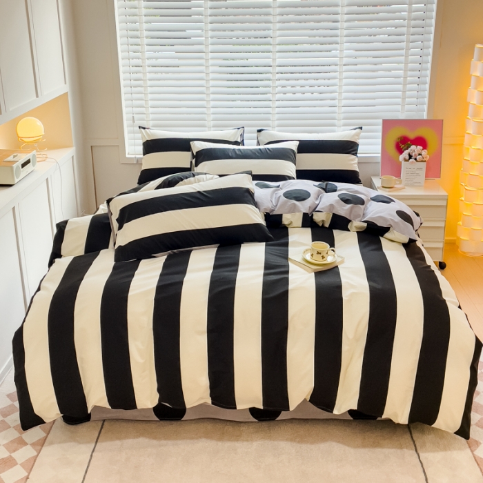 91家纺网 家纺一手货源 找家纺 金丝鸟 2023新款全棉可爱卡通印花小清新四件套-第一批 波点纹-黑