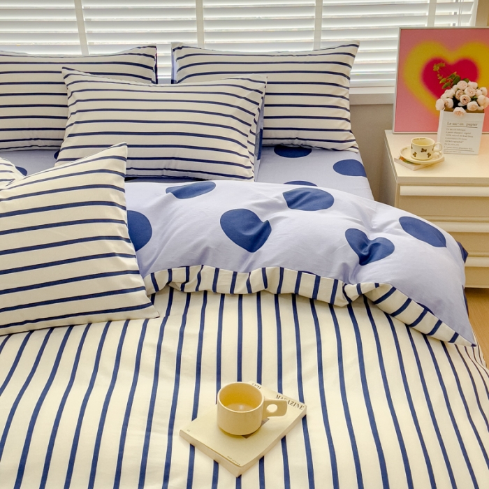 91家纺网 家纺一手货源 找家纺 金丝鸟 2023新款全棉可爱卡通印花小清新四件套-第一批 波点纹蓝