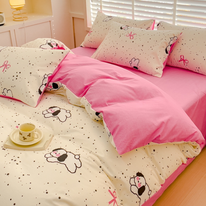 91家纺网 家纺一手货源 找家纺 金丝鸟 2023新款全棉可爱卡通印花小清新四件套-第一批 可爱蝴蝶狗