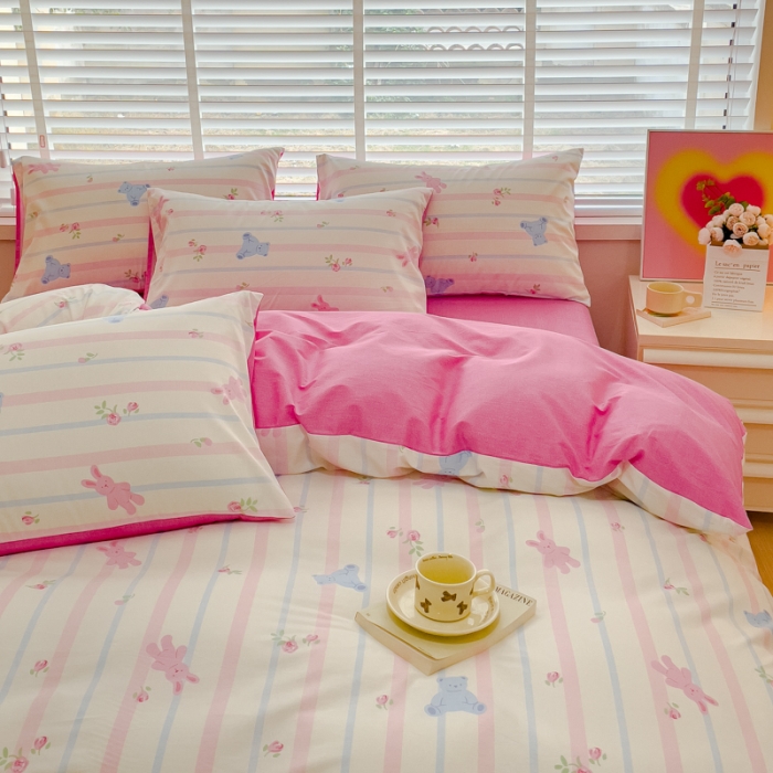 91家纺网 家纺一手货源 找家纺 金丝鸟 2023新款全棉可爱卡通印花小清新四件套-第一批 条纹布偶