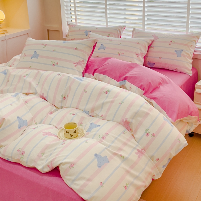 91家纺网 家纺一手货源 找家纺 金丝鸟 2023新款全棉可爱卡通印花小清新四件套-第一批 条纹布偶