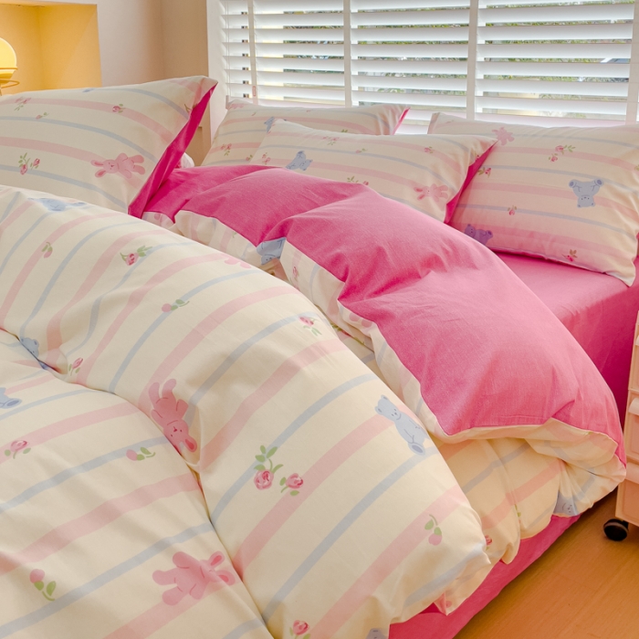 91家纺网 家纺一手货源 找家纺 金丝鸟 2023新款全棉可爱卡通印花小清新四件套-第一批 条纹布偶