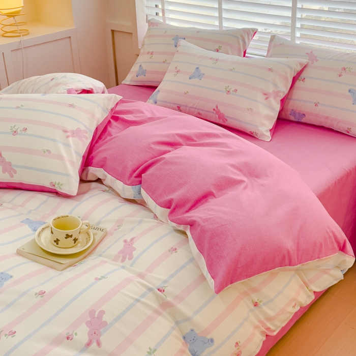 91家纺网 家纺一手货源 找家纺 金丝鸟 2023新款全棉可爱卡通印花小清新四件套-第一批 条纹布偶