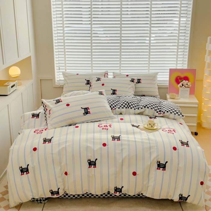 91家纺网 家纺一手货源 找家纺 金丝鸟 2023新款全棉可爱卡通印花小清新四件套-第一批 条纹猫咪-蓝