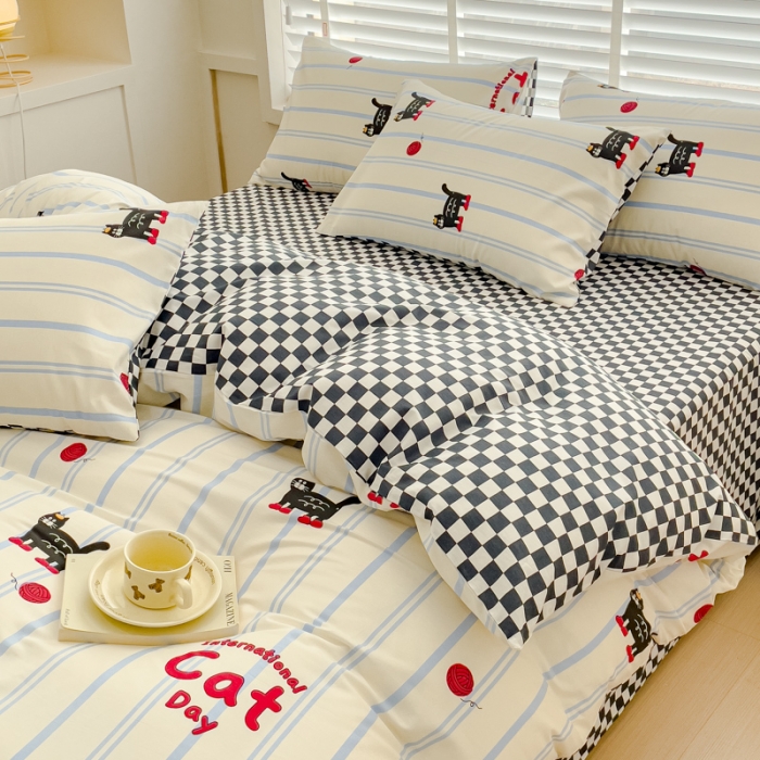 91家纺网 家纺一手货源 找家纺 金丝鸟 2023新款全棉可爱卡通印花小清新四件套-第一批 条纹猫咪-蓝