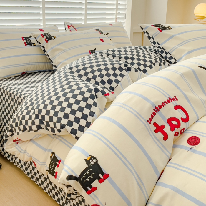 91家纺网 家纺一手货源 找家纺 金丝鸟 2023新款全棉可爱卡通印花小清新四件套-第一批 条纹猫咪-蓝