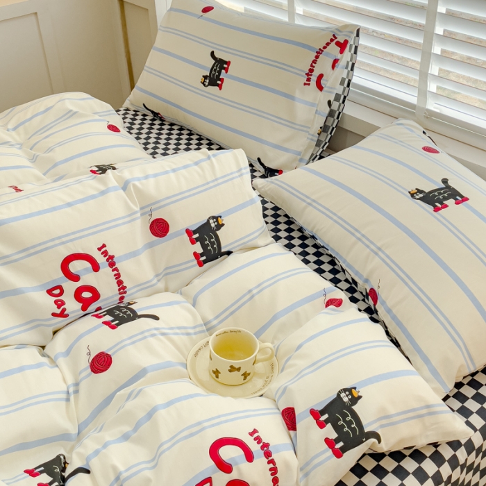 91家纺网 家纺一手货源 找家纺 金丝鸟 2023新款全棉可爱卡通印花小清新四件套-第一批 条纹猫咪-蓝