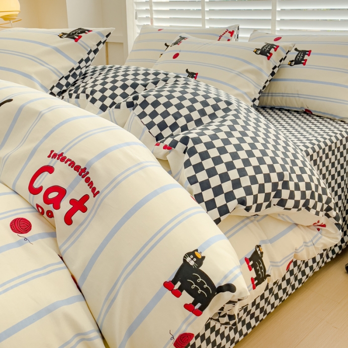 91家纺网 家纺一手货源 找家纺 金丝鸟 2023新款全棉可爱卡通印花小清新四件套-第一批 条纹猫咪-蓝