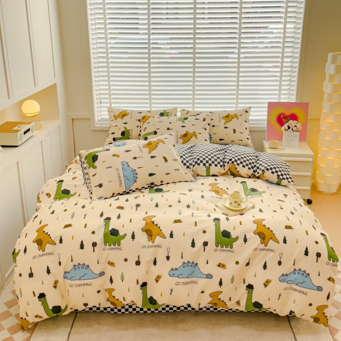 91家纺网 家纺一手货源 找家纺 金丝鸟 2023新款全棉可爱卡通印花小清新四件套-第一批 侏罗纪 黑格