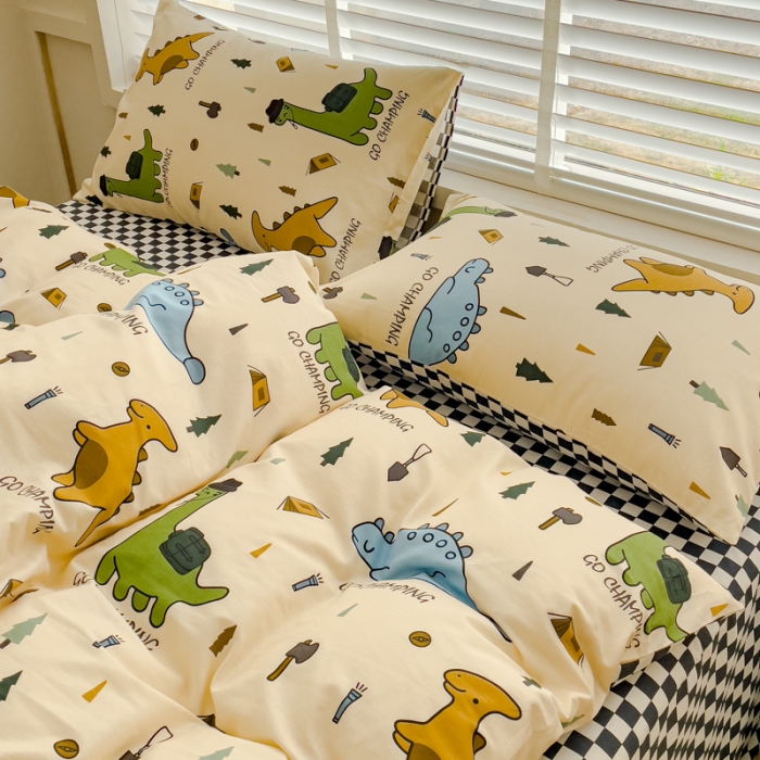 91家纺网 家纺一手货源 找家纺 金丝鸟 2023新款全棉可爱卡通印花小清新四件套-第一批 侏罗纪 黑格