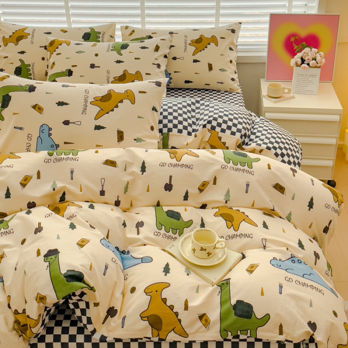 91家纺网 家纺一手货源 找家纺 金丝鸟 2023新款全棉可爱卡通印花小清新四件套-第一批 侏罗纪 黑格