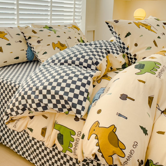 91家纺网 家纺一手货源 找家纺 金丝鸟 2023新款全棉可爱卡通印花小清新四件套-第一批 侏罗纪 黑格