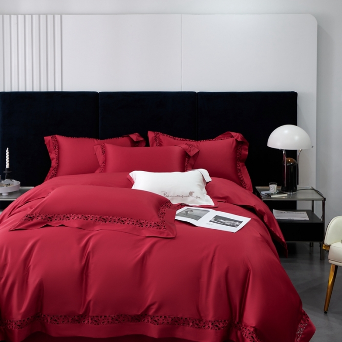 91家纺网 家纺一手货源 找家纺 （总）榻尚家居2024款纯棉镂空贡缎婚庆蕾丝款四件套(会员-20)