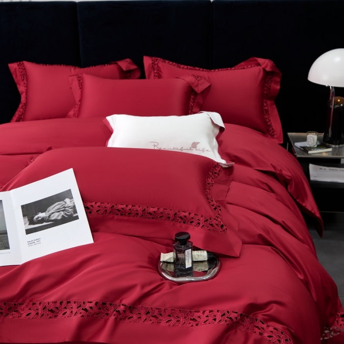 91家纺网 家纺一手货源 找家纺 （总）榻尚家居2024款纯棉镂空贡缎婚庆蕾丝款四件套(会员-20)