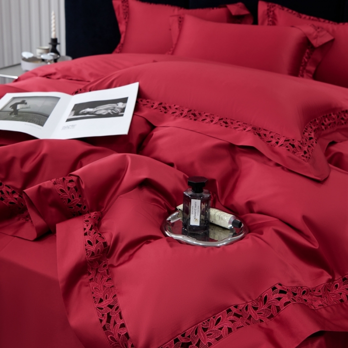 91家纺网 家纺一手货源 找家纺 （总）榻尚家居2024款纯棉镂空贡缎婚庆蕾丝款四件套(会员-20)