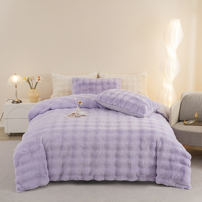 91家纺网 家纺一手货源 找家纺 畅畅家纺 2023新款加厚AB版大泡泡绒皮草兔毛四件套 大泡泡高贵紫