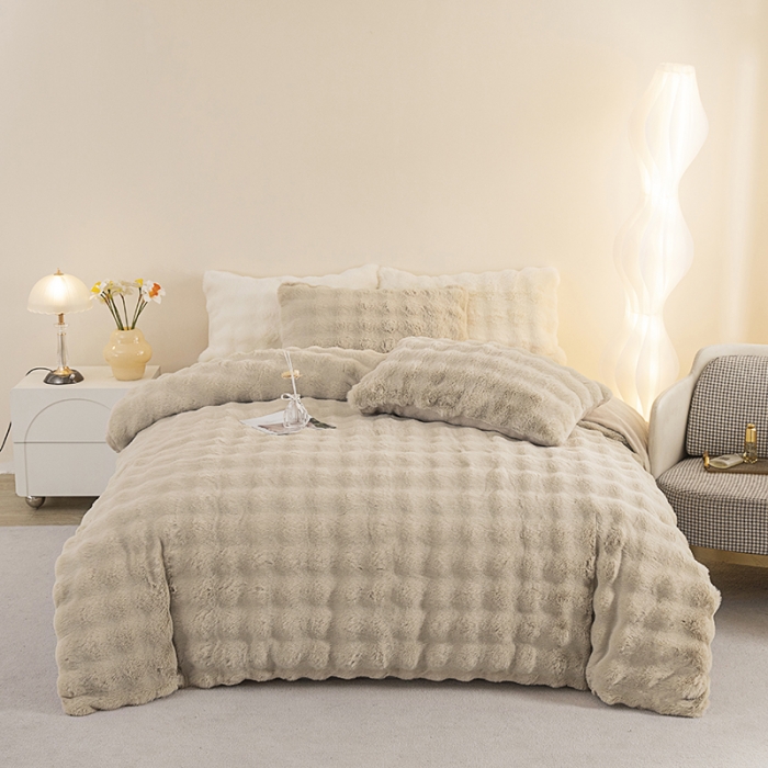 91家纺网 家纺一手货源 找家纺 畅畅家纺 2023新款加厚AB版大泡泡绒皮草兔毛四件套 大泡泡卡其