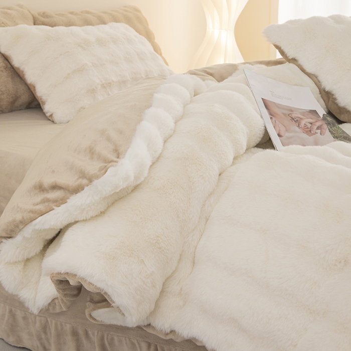 91家纺网 家纺一手货源 找家纺 畅畅家纺 2023新款加厚AB版大泡泡绒皮草兔毛四件套 大泡泡奶白咖