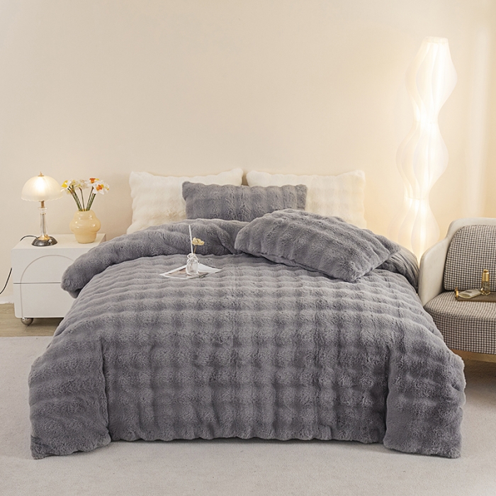 91家纺网 家纺一手货源 找家纺 畅畅家纺 2023新款加厚AB版大泡泡绒皮草兔毛四件套 大泡泡烟灰