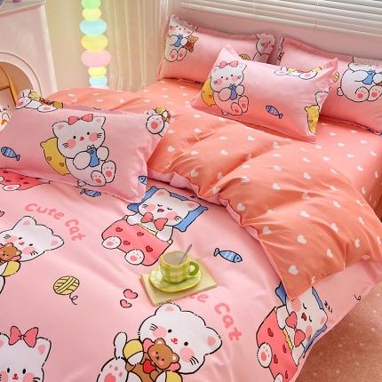 91家纺网 家纺一手货源 找家纺 卡斯诺 2023新款芦荟棉四件套10月新花型 顽皮猫咪