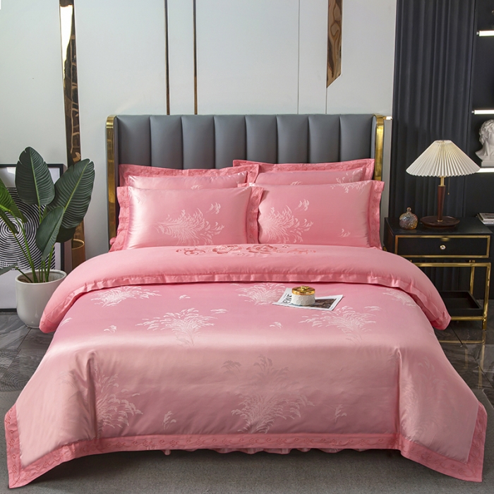 91家纺网 家纺一手货源 找家纺 福丽莱家纺  2023新款贡缎提花床裙四件套（夹棉）粉妆伊人浅粉