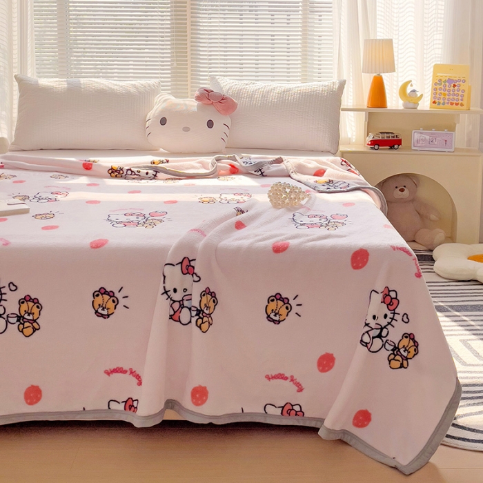 91家纺网 家纺一手货源 找家纺 海岛哥哥 2023新款双面牛奶绒盖毯正版三丽鸥授权系列毛毯 草莓kt