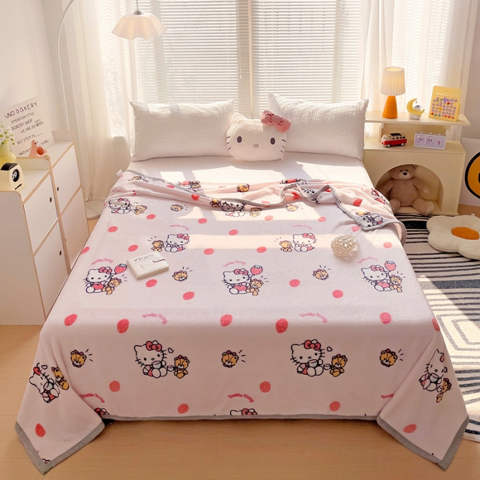 91家纺网 家纺一手货源 找家纺 海岛哥哥 2023新款双面牛奶绒盖毯正版三丽鸥授权系列毛毯 草莓kt