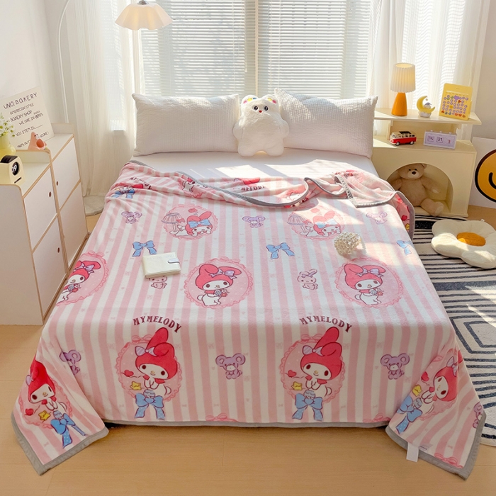 91家纺网 家纺一手货源 找家纺 海岛哥哥 2023新款双面牛奶绒盖毯正版三丽鸥授权系列毛毯 条纹美乐蒂