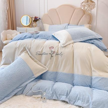 91家纺网 家纺一手货源 找家纺 梵克保罗2024牛奶绒雕花拼接刺绣款四件套-假日玫瑰（含买家秀）迷雾蓝