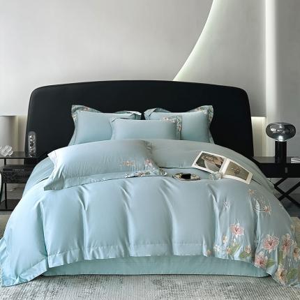 91家纺网 家纺一手货源 找家纺 宅家居 2024轻奢小香风双面纯棉长绒棉四件套香奈百合-繁星蓝