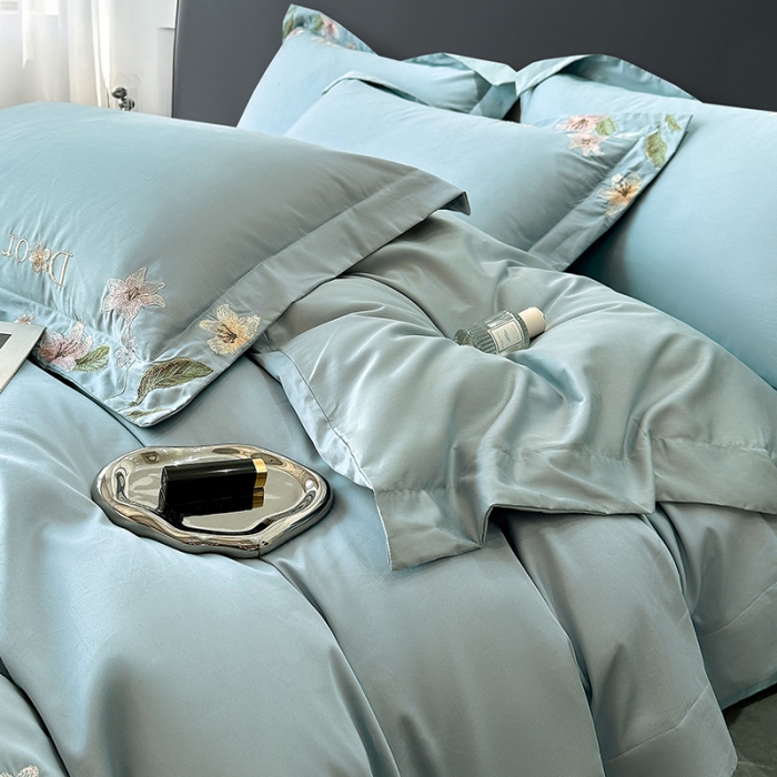 91家纺网 家纺一手货源 找家纺 宅家居 2024轻奢小香风双面纯棉长绒棉四件套香奈百合-繁星蓝